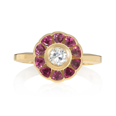 Dianthus Halo Antique Ruby and Diamond Ring - Flora Bhattachary Fine Jewellery