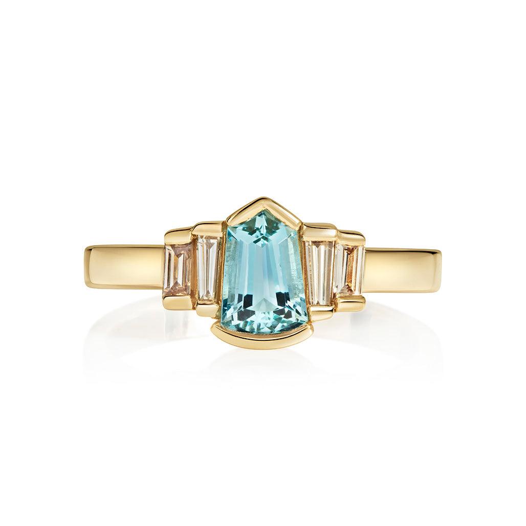 Uma Trapeze Aqua and Diamond Ring - Flora Bhattachary Fine Jewellery